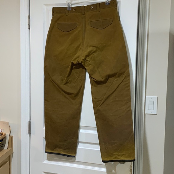 Filson Men's Tan Oil Tin Pants with leather cuffs - Picture 2 of 8